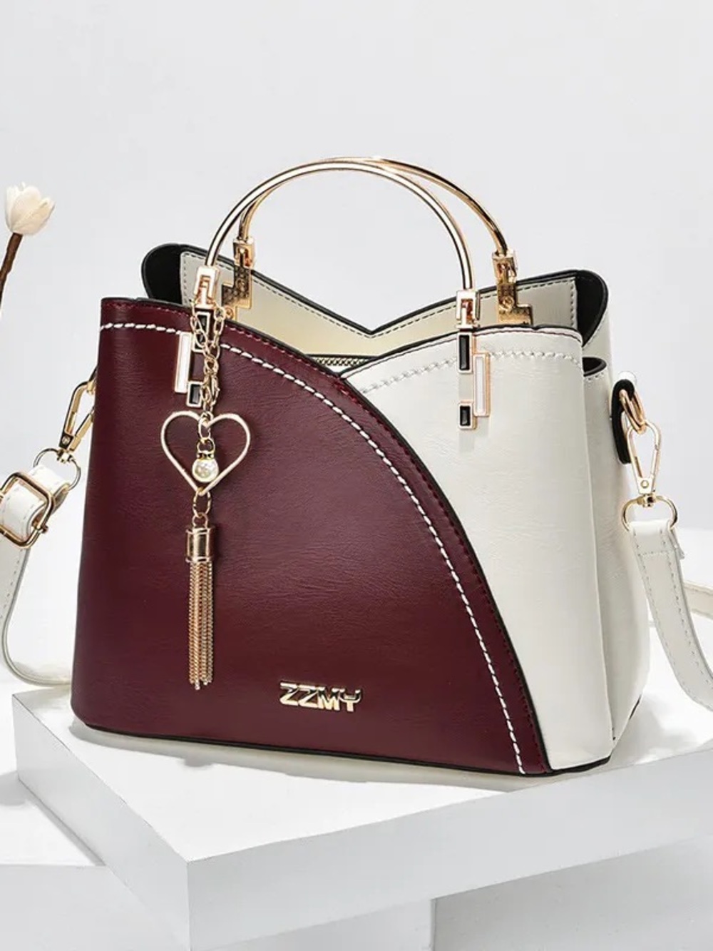 Burgundy and Cream Structured Satchel Handbag with Gold Hardware
